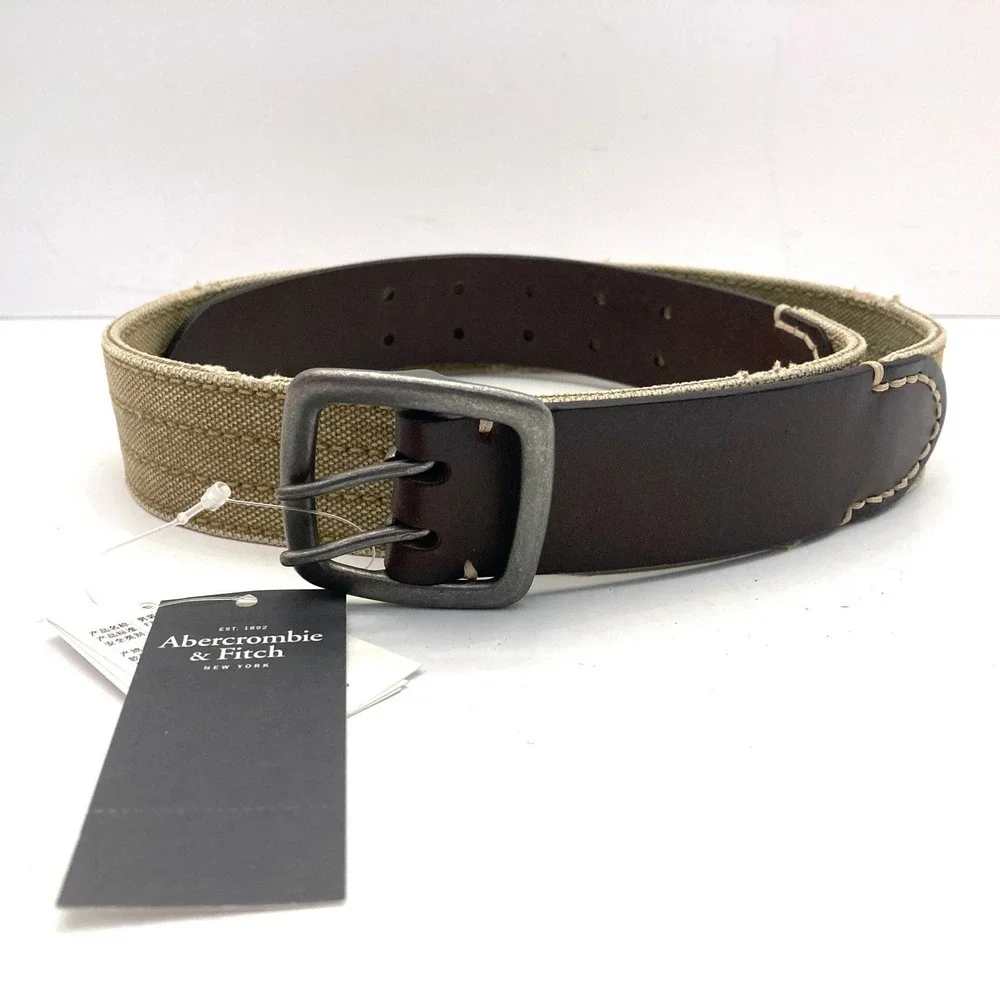Abercrombie Fitch Belt 30 Khaki Canvas Brown Leather Rustic Metal Double Buckle